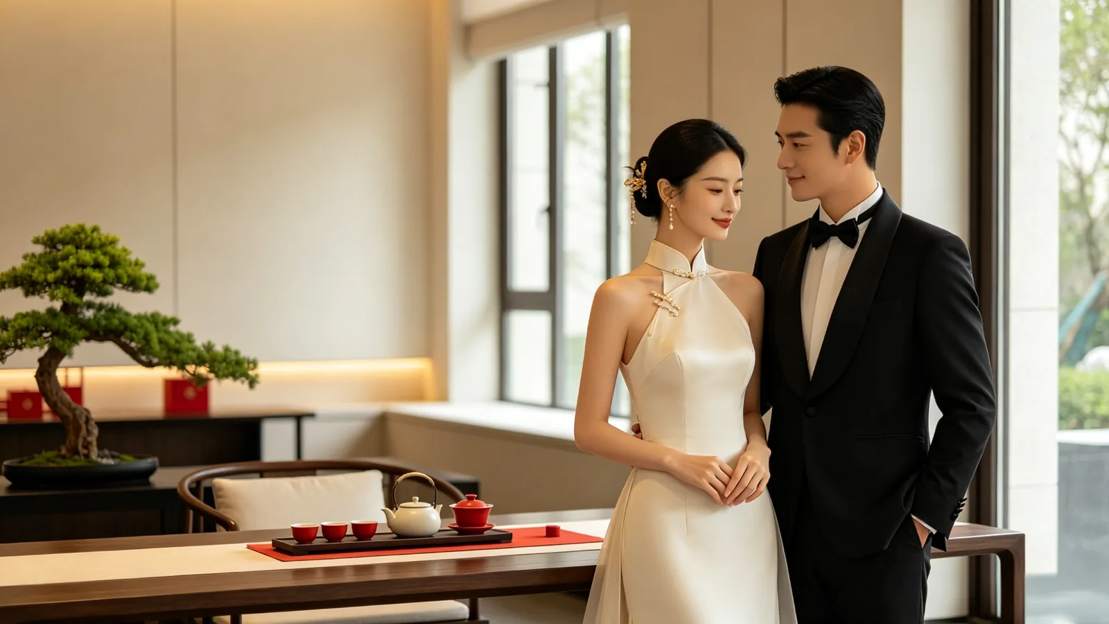 Modern Chinese wedding couple in traditional attire